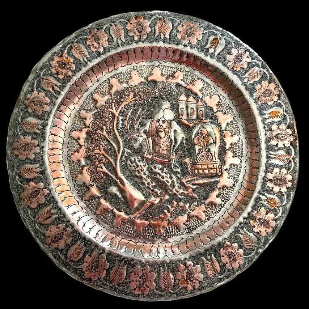 Antique 13” Persian Islamic Tinned Copper Wall Tray Embossed Scene Scalloped Rim